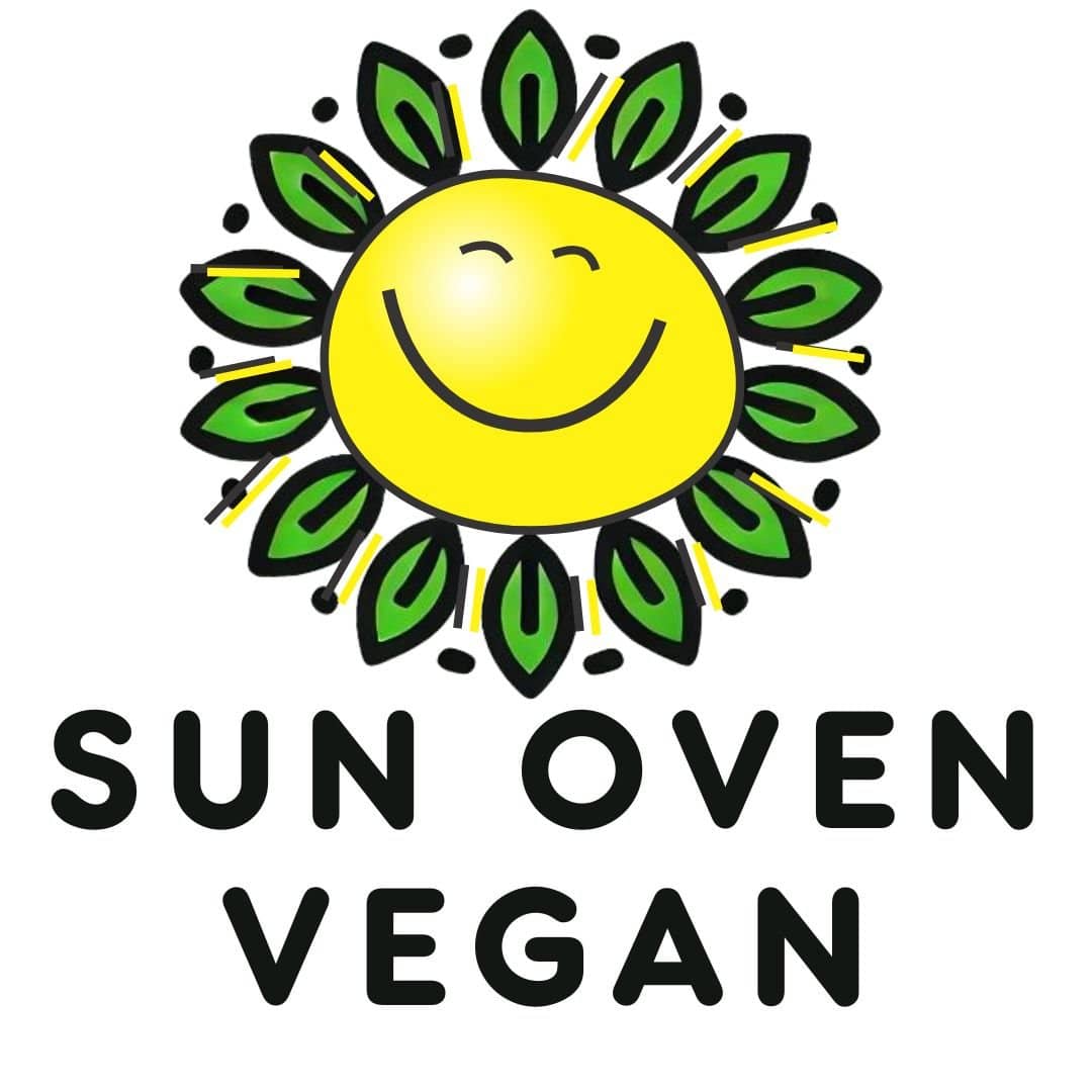 Sun Oven Vegan Logo of a happy sun and leaves around it. The Text is the company name: Sun Oven Vegan. British Columbia Canada. A downloadable vegan recipes book for Sun Ovens.